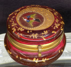 Great Victorian Moser decorated cranberry art glass trinket jewelry box