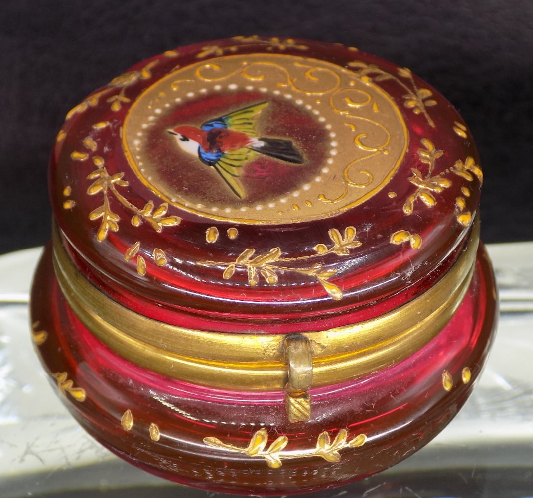 Great Victorian Moser decorated cranberry art glass trinket jewelry box (1 of 9)