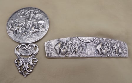 Fancy antique pocket mirror and comb with elaborate three dimensional scenes.