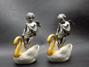 Charming pair of vintage swans with cupids