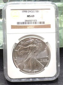 1998 graded MS69 NGC American Eagle dollar.