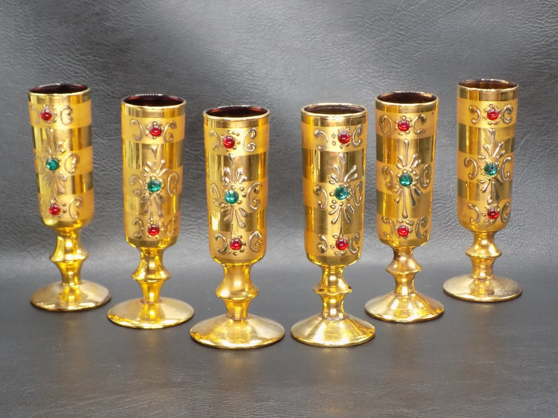 Fabulous vintage set of 6 Moser art glass gold and jeweled liquor glasses (1 of 10)
