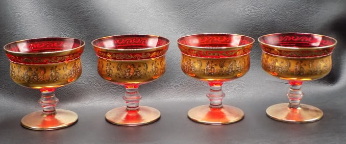 Magnificent vintage highly decorated set of Moser decorated sherberts