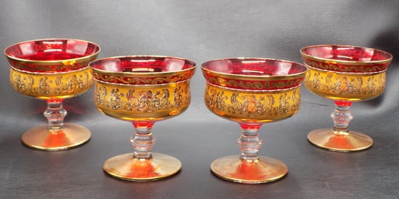 Magnificent vintage highly decorated set of Moser decorated sherberts