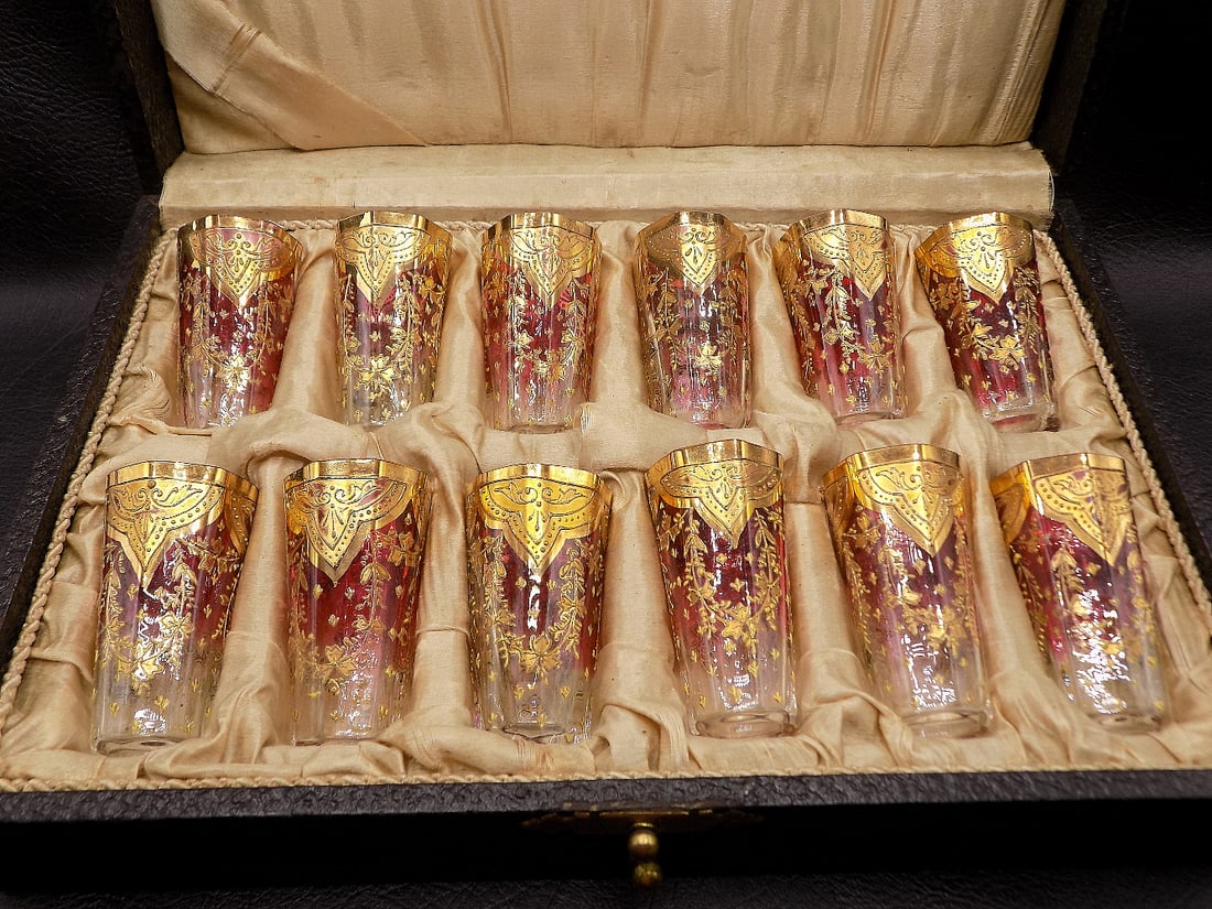 Spectacular antique decorated Moser art glass shot glasses in original  box. Set of 12 (1 of 13)