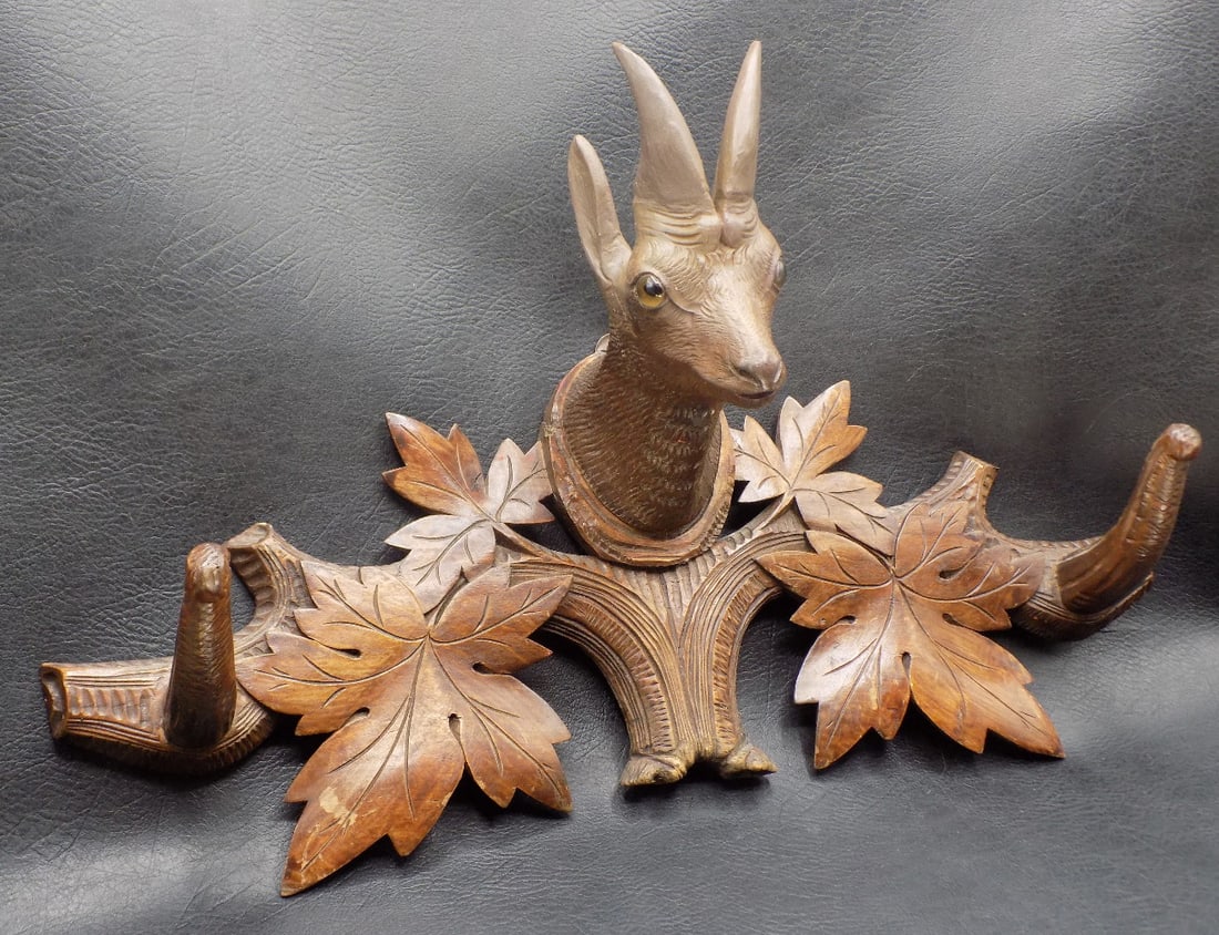 Beautiful antique hand carved Black Forest coat rack with deer head or  Ibex (1 of 7)