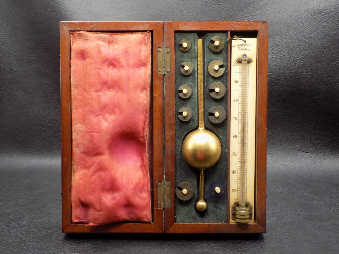 Antique Sikes Hydrometer Loftus London in original box: Antique Sikes Hydrometer Loftus London in original box. Box has crack in lid from age. Great quality and detail. One hook for latch missing. In condition as shown in photos. 8 x 3 7/8 inches