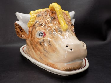 Spectacular antique Staffordshire steer head cheese keeper