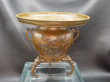 Ornate vintage Oriental bronze urn with insert tray