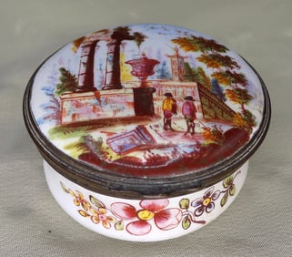 Beautiful antique hand painted trinket box with scene and mirror