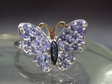Beautiful aquamarine and sapphire butterfly sterling silver ring