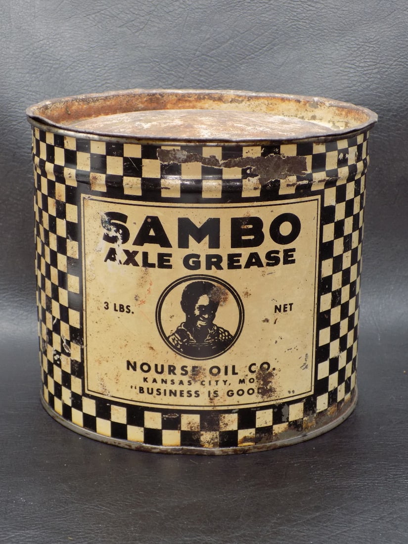 Vintage Black Americana Petroliana Sambo axle grease advertising tin: Vintage Black Americana Petroliana Sambo axle grease advertising tin. Nourse Oil Co. Kansas City Missouri. Still has grease in container. Wear as shown in photos normal from age and use. 5 inches tall