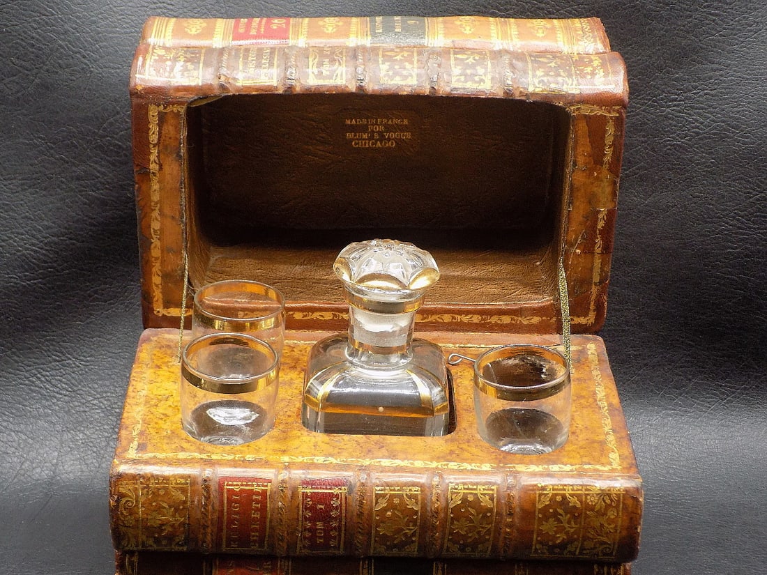 Most unusual antique hidden liquor set in books with music box (1 of 8)