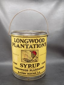 Vintage Black Americana Longwood Plantations Syrup advertising tin bucket