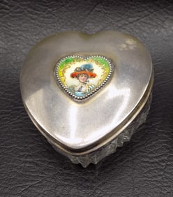 Antique heart shaped sterling and cut glass trinket jewelry box