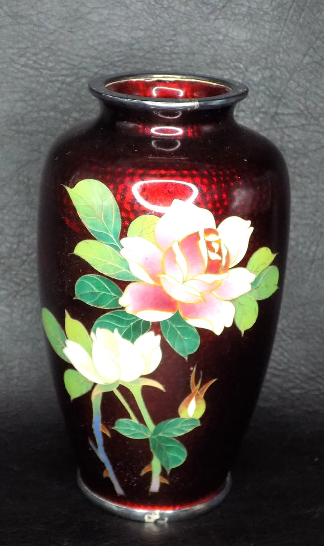 Wonderful vintage Japanese cloisonne enamel over silver vase: Wonderful vintage Japanese cloisonne enamel over silver vase. Sato vase. Marked silver on bottom as shown in photo. Beautiful colors. Rose decoration. Bamboo on red enamel background side as shown in 