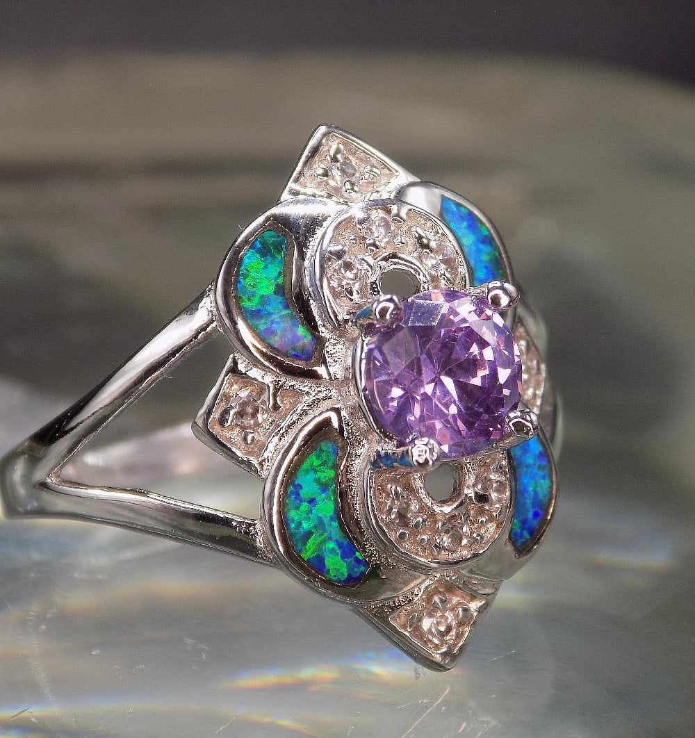 Beautiful 1 cwt amethyst and Australian opal sterling silver ring (1 of 5)