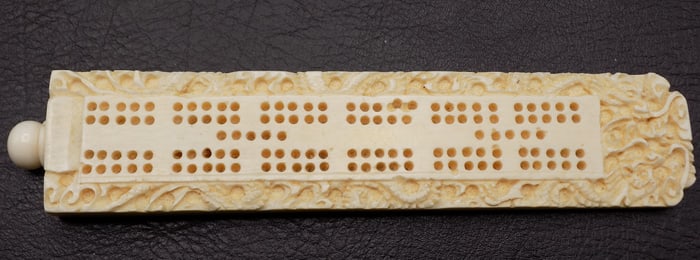 Vintage hand carved Oriental cribbage board with dragons