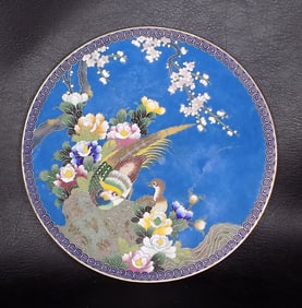 Splendid vintage Oriental cloisonne plate with birds and flowers