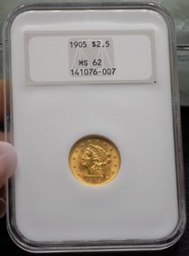 1905 graded MS62 NGC two and one half dollar Liberty gold coin