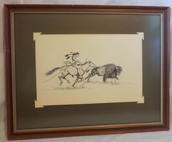 Vintage pen and ink of native American Indian and buffalo