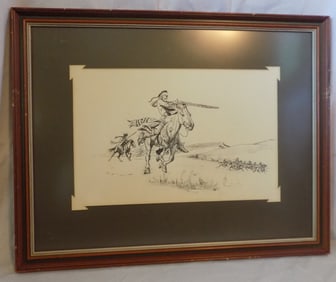 Vintage pen and ink of Native American Indian attacking Wagon Train
