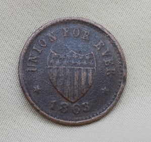 Civil War merchant token. Union Forever 1863. Monitor Iron Clad