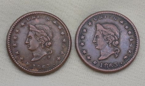 Two Civil War merchant tokens. 1863. Merchant and Tailor