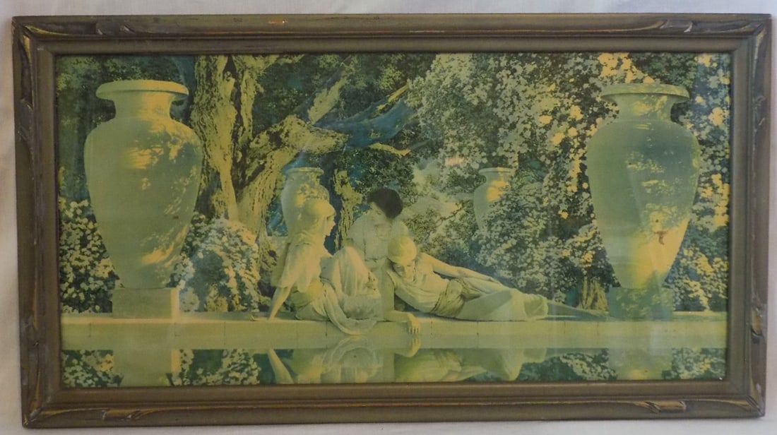 Beautiful vintage Maxfield Parrish Garden of Allah: Beautiful vintage Maxfield Parrish Garden of Allah. Original tag on back. Beautiful colors. Marked on lower right corner as shown in photos. 19 ¾ x 10 ¼. Image 17 ½ x 8 ¾.