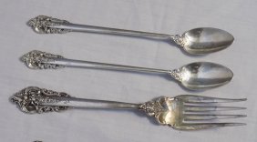 Grand Baroque Wallace sterling silver serving fork and two ice tea spoons