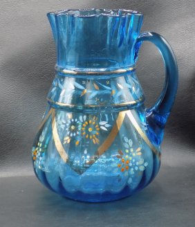 Beautiful Victorian decorated blue art glass pitcher