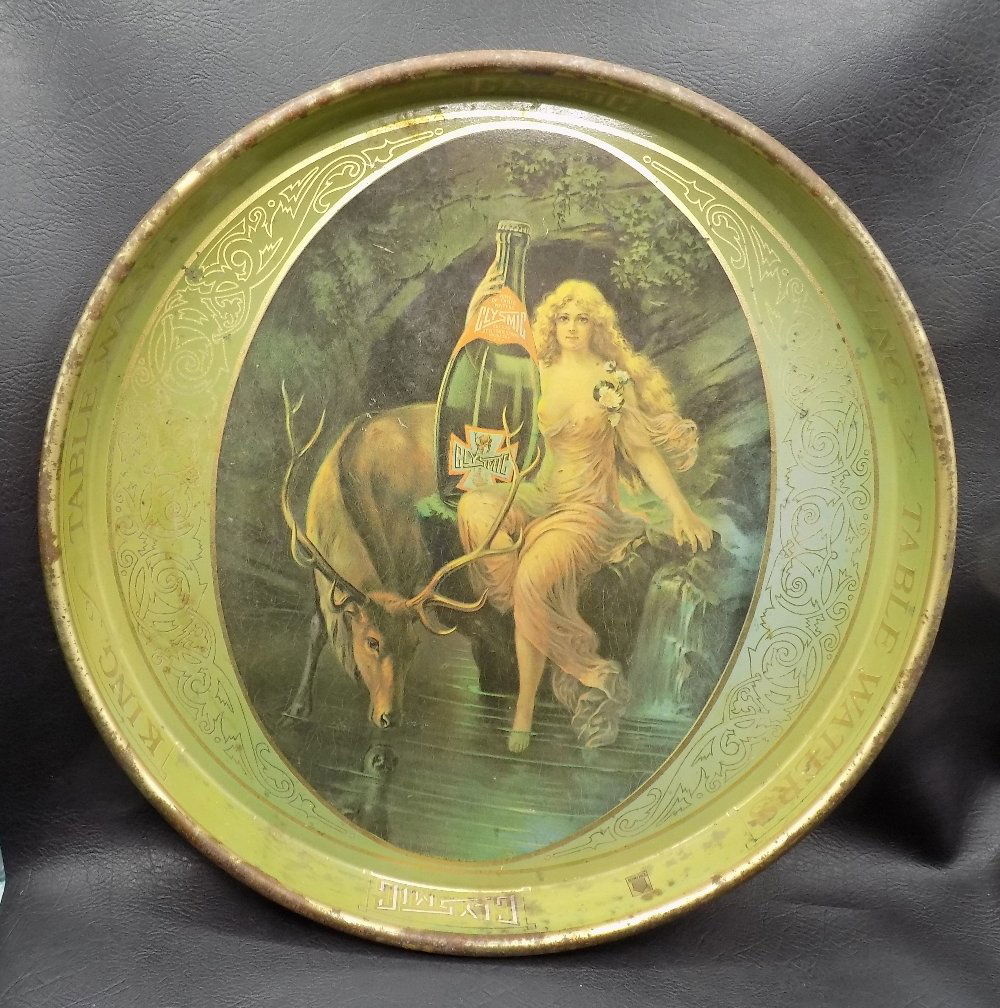 Vintage Clysmic Serving Tray King of Table Waters Tray: Vintage Clysmic Serving Tray King of Table Waters Tray. Semi nude woman with deer. Please see photos for condition. 13 7/8 inch diameter x 1 1/4 height