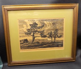 Fine artist signed Birder Handzen Pines wood block print