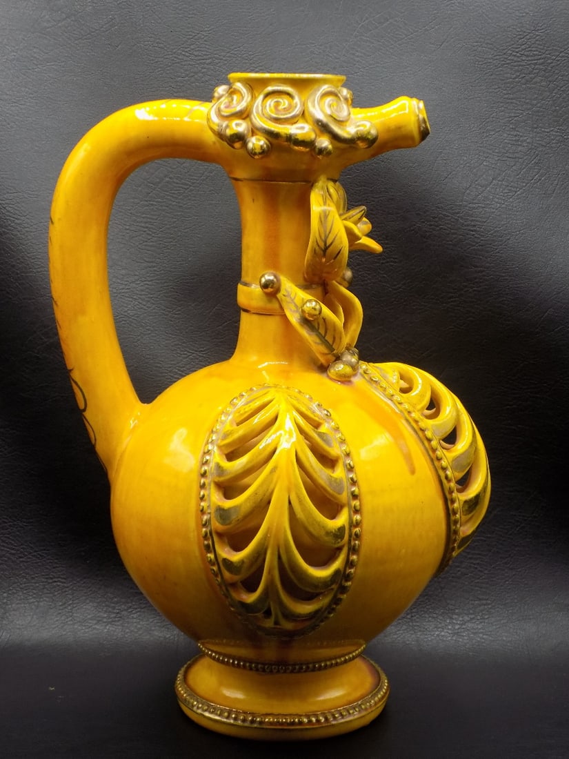 Splendid signed Zsolnay pitcher: Splendid signed Zsolnay pitcher. Three dimensional decoration. Marked on bottom as shown in photo. Great quality and detail. In very good original as found condition. 11 3/4 inches tall