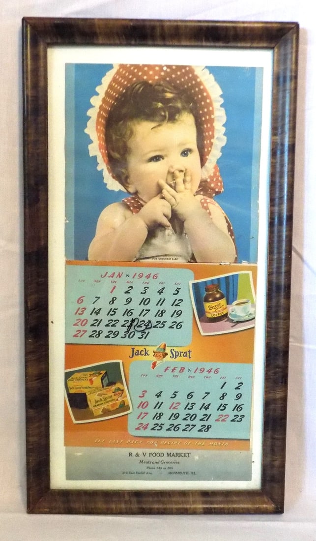 Neat vintage Jack Sprat 1946 advertising Calendar: Neat vintage Jack Sprat 1946 advertising Calendar. Calendar is for January and February. In very good original as found condition. Beautiful colors. Great quality and detail. Frame is 22 x 12. Calenda