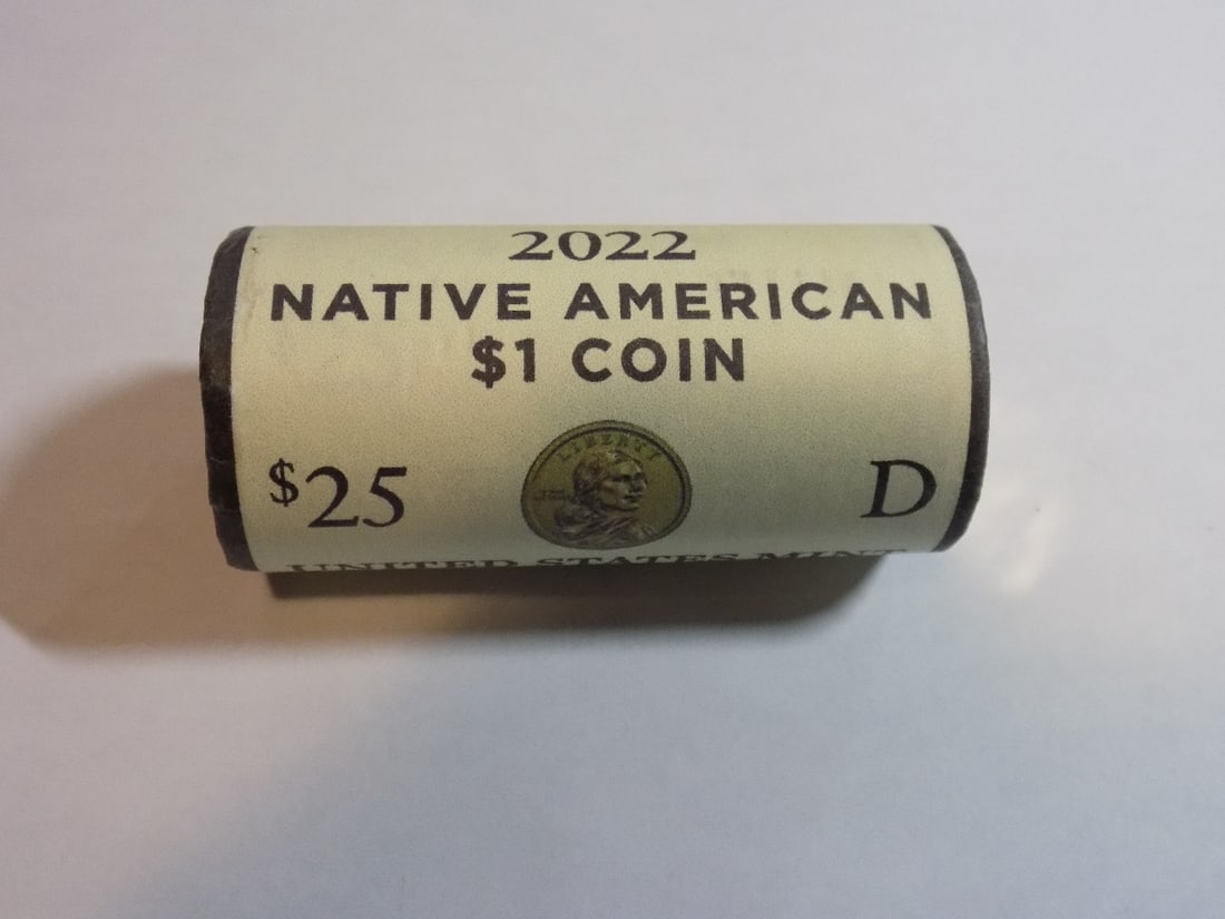 2022 D Native American Sacagawea roll of Dollars: 2022 D Native American Sacagawea roll of Dollars, BU US Mint Wrapped H/T Roll 25 US Coins
