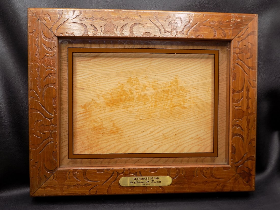 Desperate Stand by Charles M. Russell: Desperate Stand by Charles M. Russell Unusual print on glass in nice shadow box frame. Beautiful colors. Great quality and detail. Frame Measures 15 by 10 inches