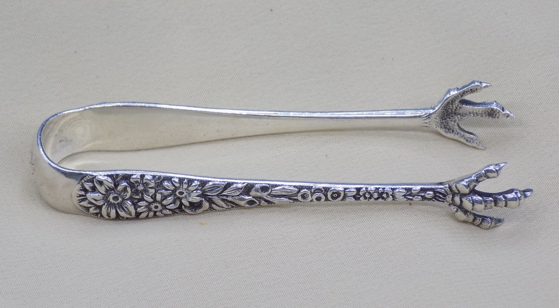 Ornate vintage Kirk and Son sterling silver sugar tongs: Ornate vintage Kirk and Son sterling silver sugar tongs. Marked as shown in photo. Great quality and detail. In very good original as found condition. Please see photos. 3 1/8 inches long. 19.1 grams