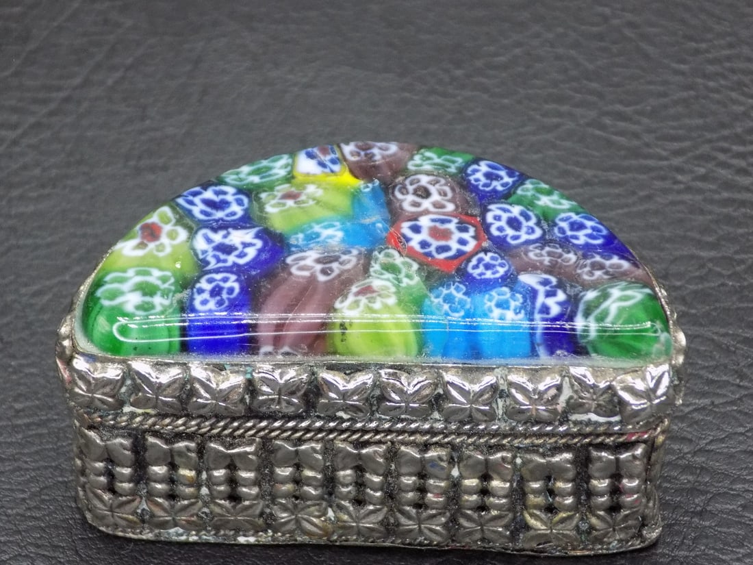 Unusual Millefiori silver covered jewelry box: Unusual Millefiori silver covered jewelry box. Beautiful colors. Great quality and detail. In very good original as found condition. Please see photos. 2 ¼ wide x 1 inch tall
