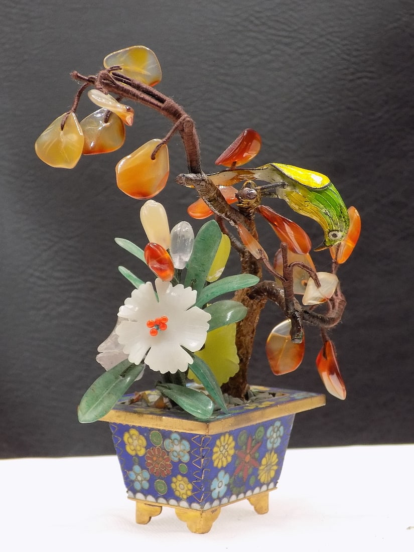 Vintage Oriental carved jade tree in cloisonne vase (1 of 9)
