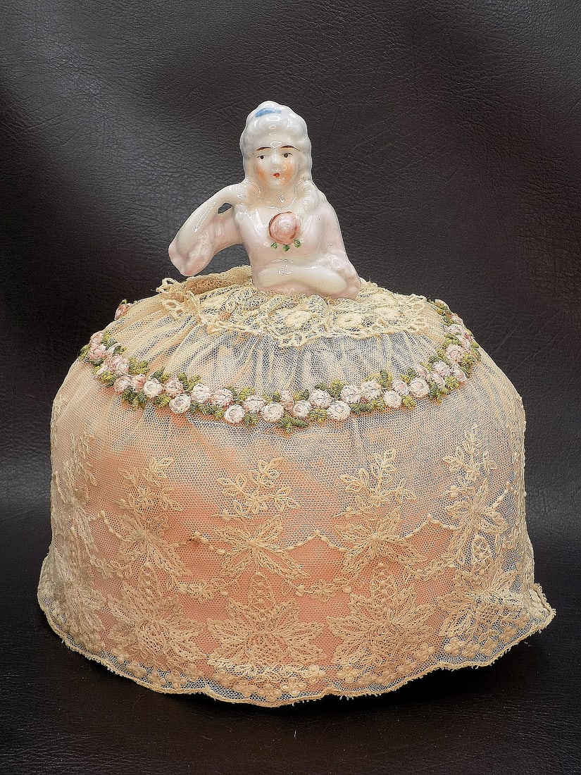 Lovely antique pin cushion with porcelain doll (1 of 10)