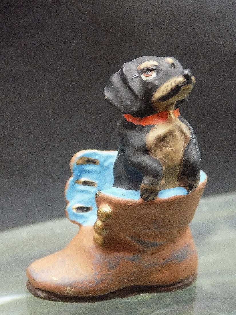 Cute vintage Bergman Vienna miniature bronze dog in shoe (1 of 7)