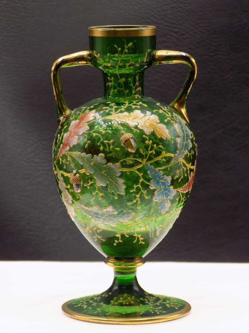 Exquisite antique signed Moser enamel decorated art glass vase with acorns (1 of 13)