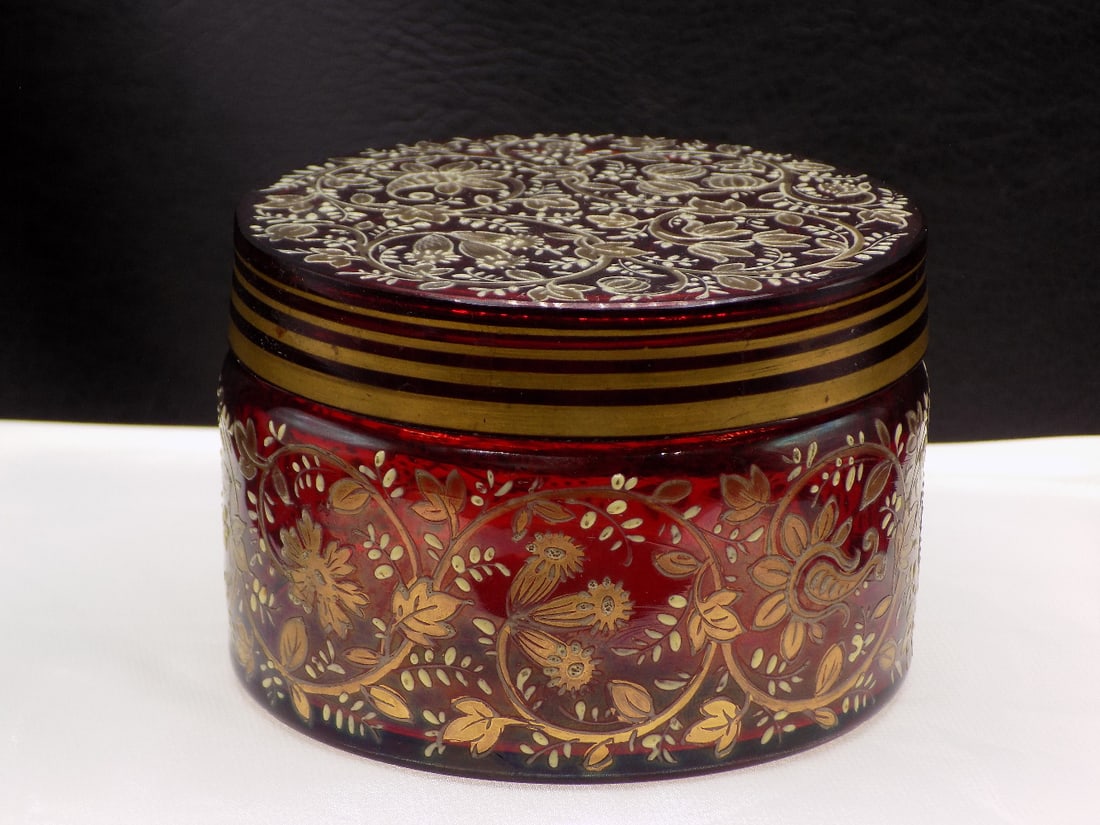 Elaborate enamel decorated antique Moser art glass covered box (1 of 10)