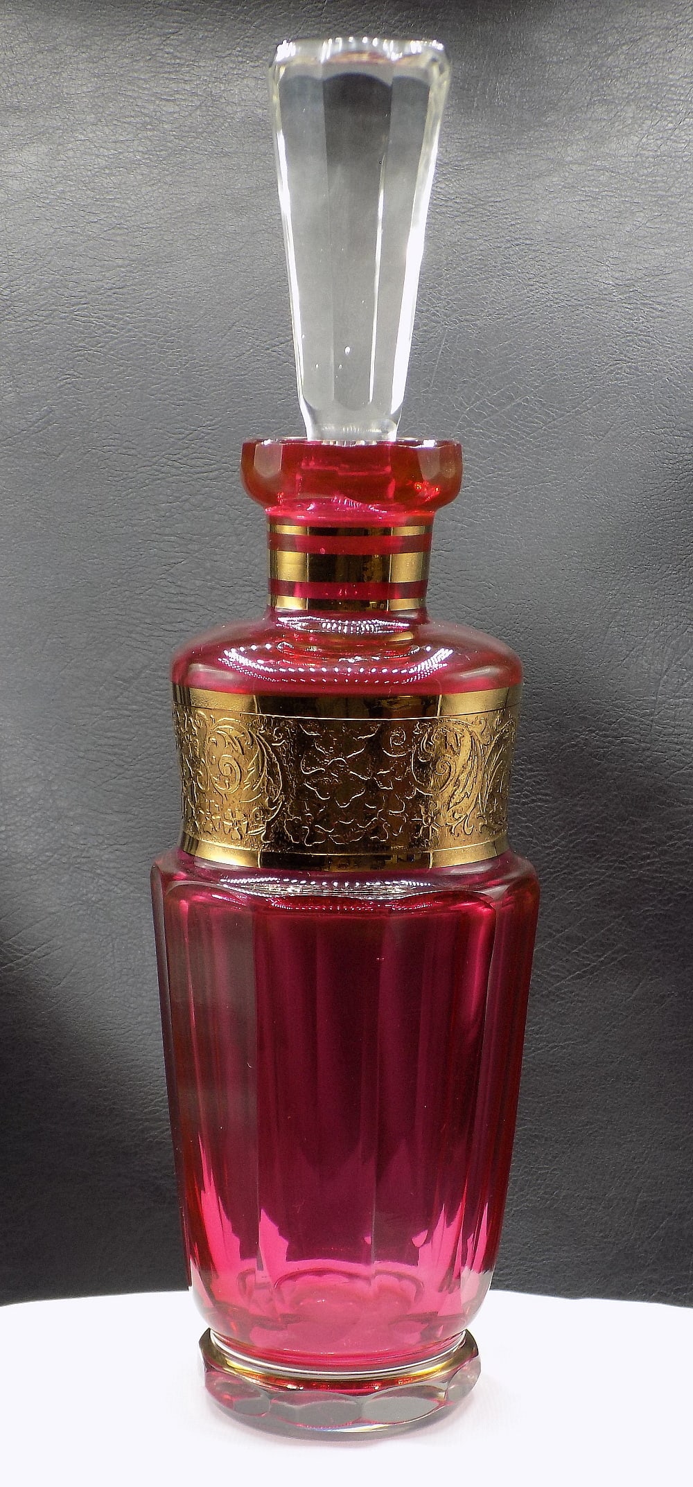 Very pretty Moser cut art glass liquor bottle with decorated gold band (1 of 8)