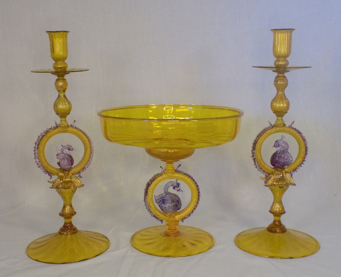 Wonderful  midcentury three piece Venetian Murano art glass compote and candlesticks (1 of 6)