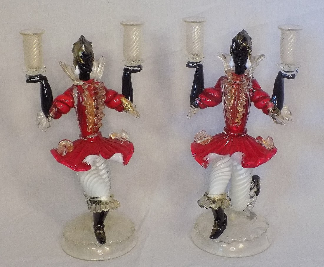 Exceptional large pair of midcentury Barovier Venetian  Murano Blackamoor art glass candlesticks (1 of 10)