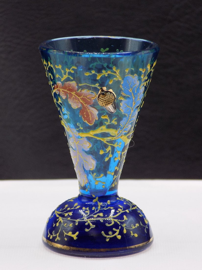 Beautiful antique enamel decorated Moser art glass vase with acorns (1 of 10)
