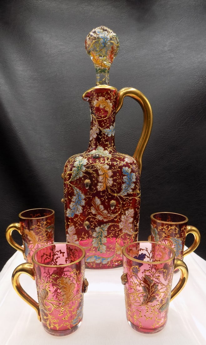 Spectacular antique signed Moser art glass liquor set with acorns and insect (1 of 16)