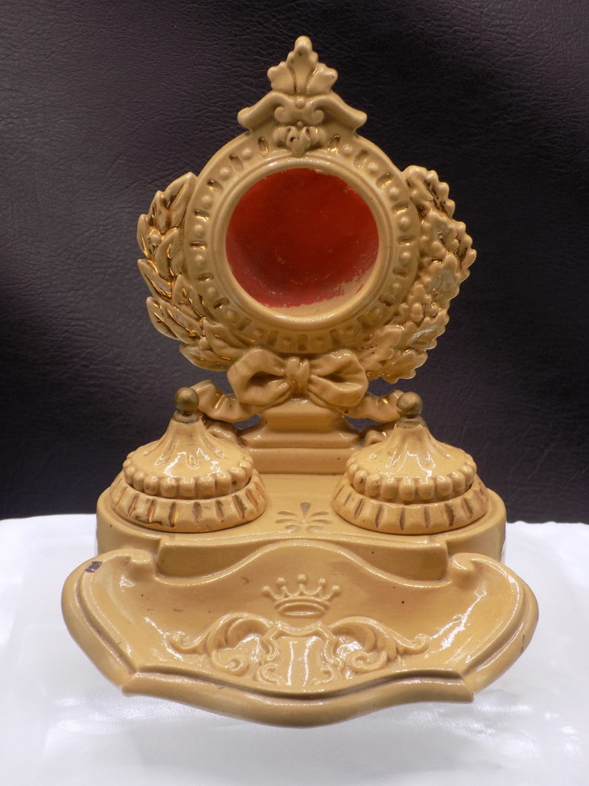 Fancy antique pocket watch holder with inkwells: Fancy antique pocket watch holder with inkwells. Porcelain. Great quality . In very good original as found condition. No maker markings. Please see photos. 9 ¼ inches tall x 4 7/8 inches wide x 5